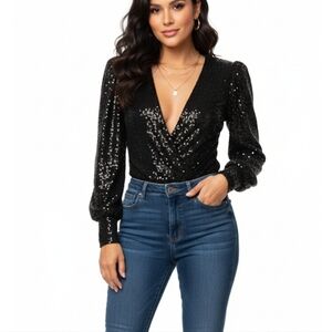 Black Sequin V-Neck Bodysuit Top